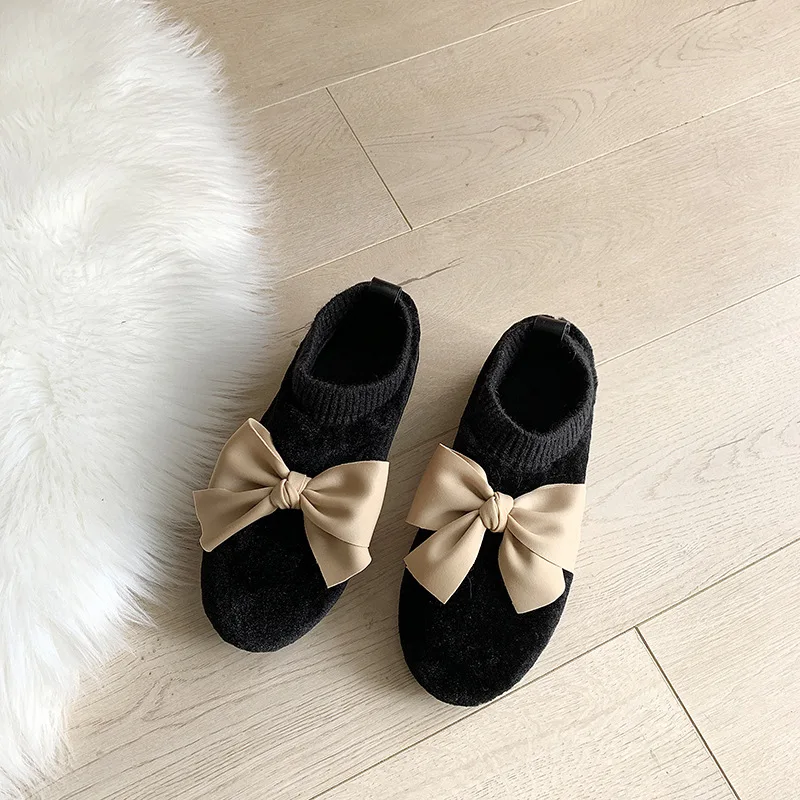 Ladies cute plush flat Cotton shoes Zapatos de mujer Flat shoes for women Fashion solid color butterfly-knot shallow mouth shoes