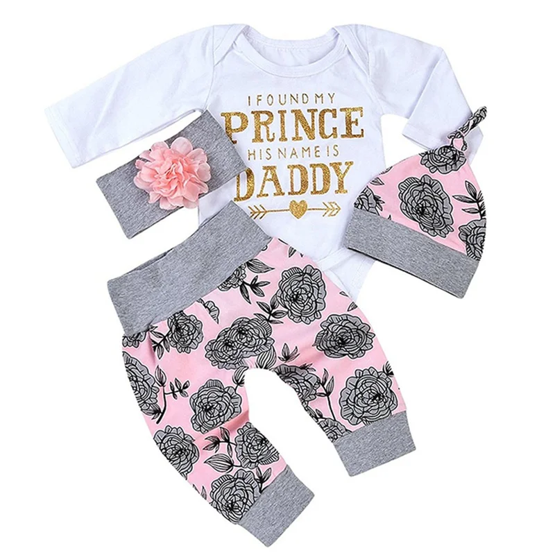  4PCS/set Newborn Baby Girls Clothes Long Sleeve Romper Tops Pants Headband Hat Outfit Set Bebes Cut