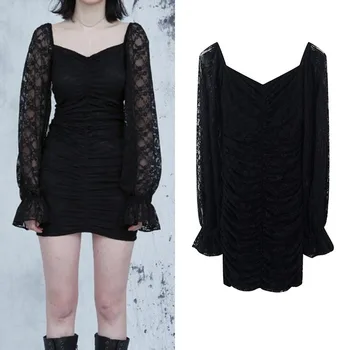 

2020 New Spring Women Dress Casual Fashion Long Sleeve Lace Square Collar Strapless Elegant Mini Dresses Female Slim Black
