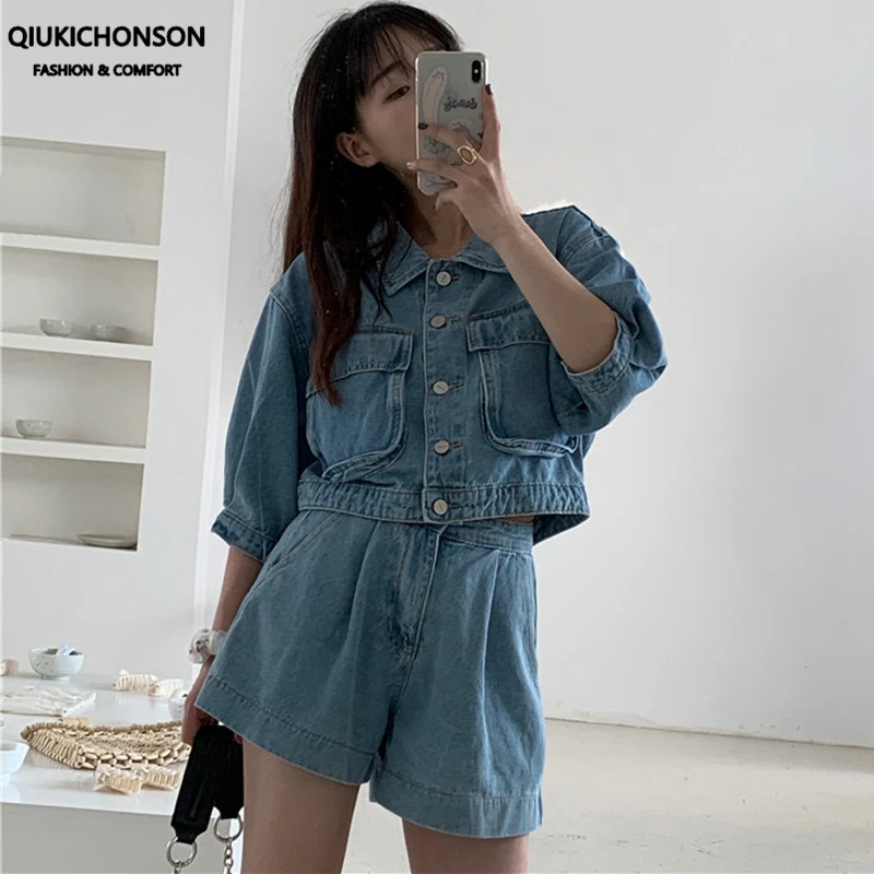denim two piece short set