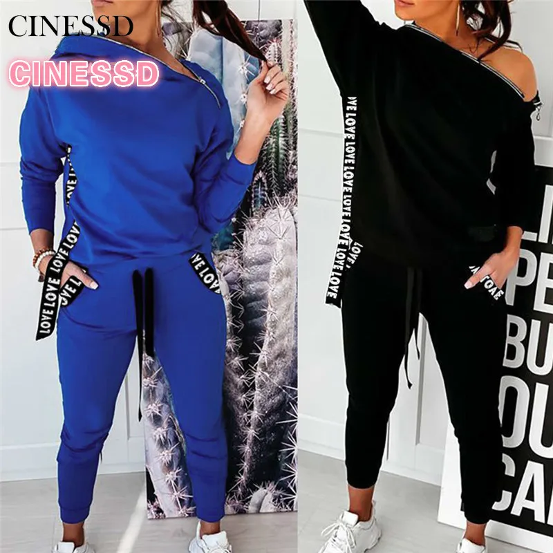 

2 Piece Outfit for Women Zipper Pockets Decor Irregular Collar Long Sleeve Solid Top+Drawstring Waist Slim Casual Loose Trousers