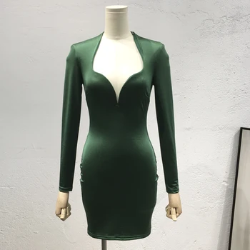 

BacklakeGirls Special Design Sexy V Neck Full Sleeve Cocktail Dress Solid Color Short Satin Dress Robe De Soiree Manche Longue