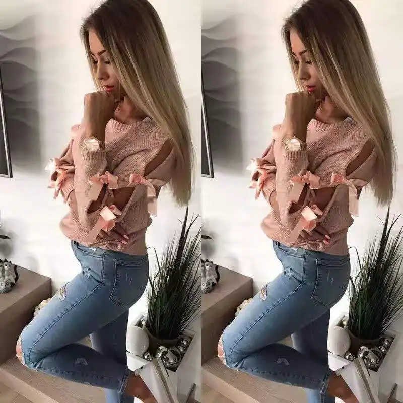 

Women Sweater Autumn Winter Knitted Long-sleeved cutout sweater Hollow bow round neck solid sweater Loose Cotton Tops Pullovers