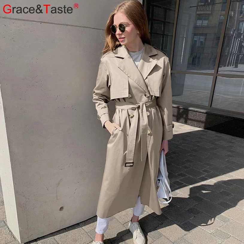 

Grace&Taste Autumn 2020 British Ol Tops Solid Color Female Temperament Commuter Thin Fashion Coat Women's Long Trench Coat