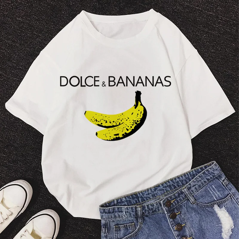 2020 New Summer DOLCE & BANANA Print T-Shirt Women O-Neck Short Sleeve Cute Cartoon T Shirt For Girls Students Lady Tops Tshirt