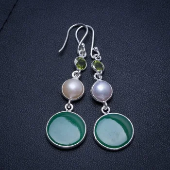 

Natural Chrysoprase,River Pearl and Peridot Handmade Mexican 925 Sterling Silver Earrings 2" T4146