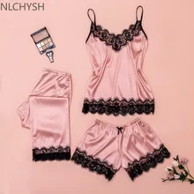 Women's Sleepwear Sexy Satin Pajama Set Black Lace V-Neck Pyjamas Sleeveless Cute Cami Top and Shorts Sexy Lingerie Homewear