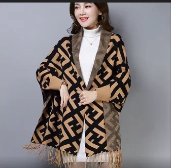 

Cotton Lapel Fashion Lattice Geometric Personality Knitted Cardigan Sweater TrendyTassels Cape Pashmina Women Scarves and Wraps