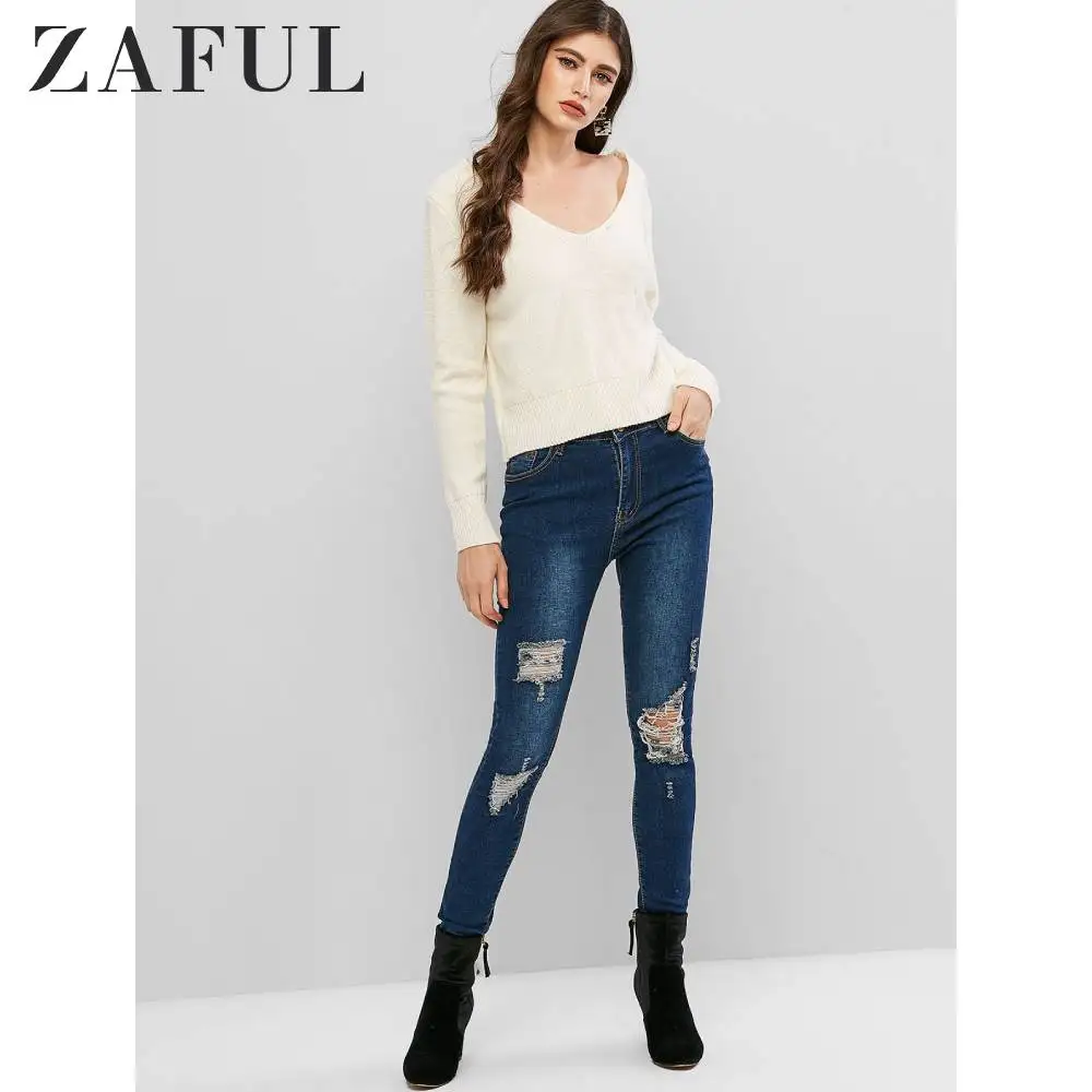 ZAFUL пуловер с v-образным вырезом на спине, свитер с открытой спиной и длинными рукавами, однотонный цвет, Осень-зима, повседневные сексуальные женские топы на выход