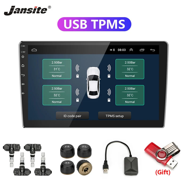 Jansite USB Android системы контроля давления в шинах автомобиля шины Давление сигнализации Монитор Системы для автомобиля Android проигрыватель Температура Предупреждение с четырьмя датчиками