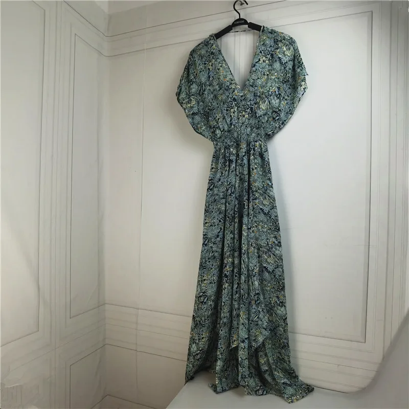 

Women's Vintage Floral Printed Split Irregular Dress V-neck Casual 2021 Early Autumn Female Batwing Sleeve Backless Robe