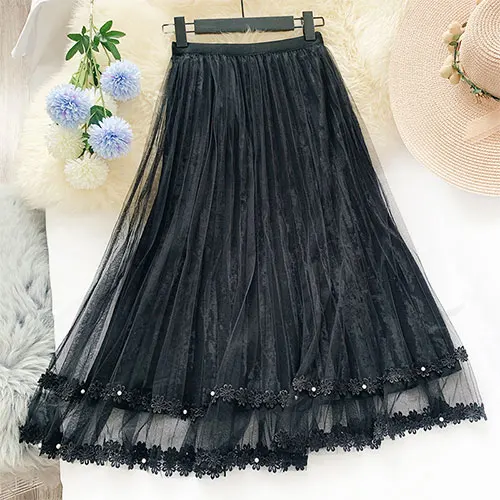 Женская плиссированная юбка макси TIGENA, трапециевидная длинная юбка из бархата и тюля для женщин на осень-зиму - Цвет: Черный