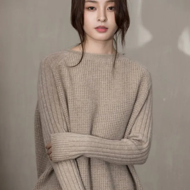 

Smpevrg lady thick knitted sweater female pullover long sleeve One word collar loose pullover women sweater knit top jumper soft