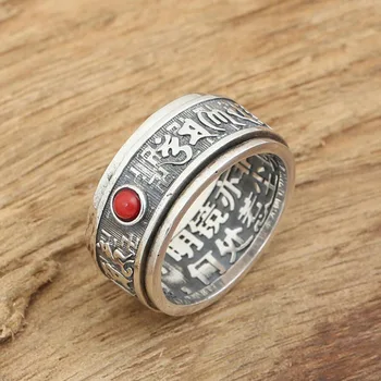 

925 sterling silver Red Gem Buddhist Heart Sutra Ring Rotatable wedding Ring Gift