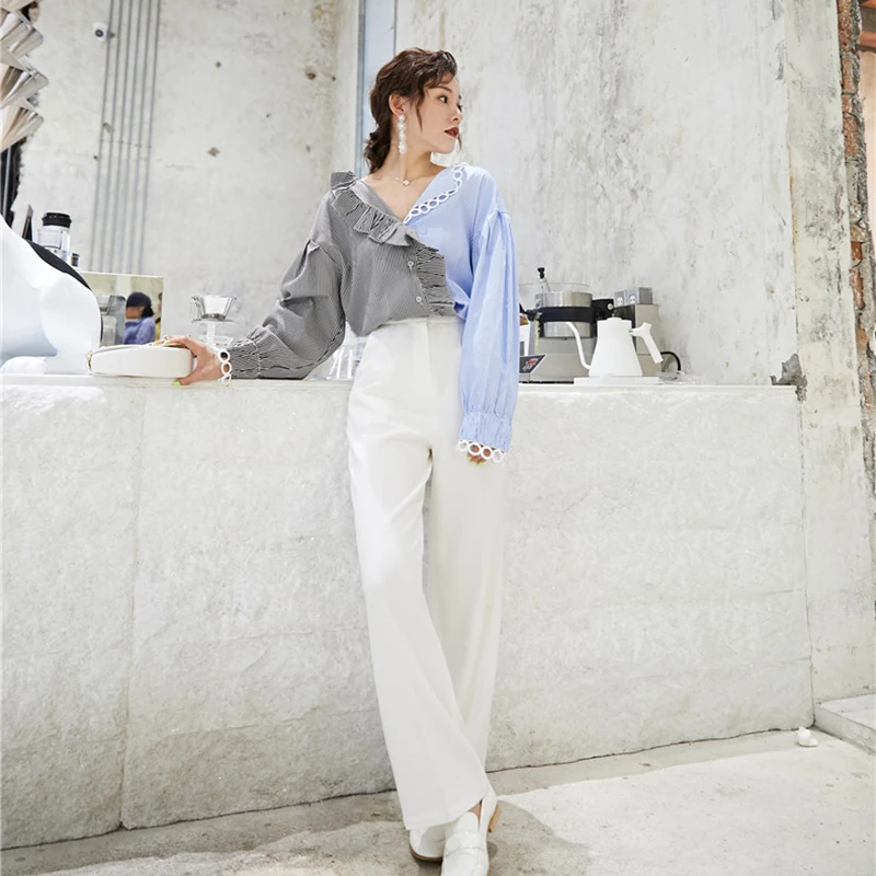 GALCAUR Лоскутная полосатая женская рубашка с оборками, v-образный вырез, длинный рукав, хит, цветная Асимметричная блуза, Женская мода, корейская мода, новинка