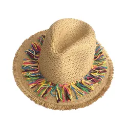 Красочная бахрома на ленте украшают соломенное затенение шляпа от солнца леди модная пляжная шляпа джаз летняя шляпа для женщин
