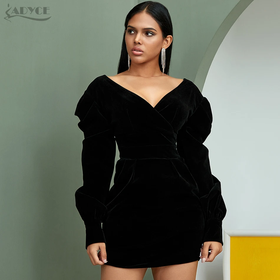 Adyce новое зимнее черное вечернее платье в стиле знаменитостей с длинным рукавом женское сексуальное мини облегающее Клубное платье с глубоким v-образным вырезом Vestidos