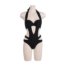 Женский купальник, сдельный купальник, глубокий v-образный вырез, однотонный, с вырезами, кружевной, черный, с лямкой на шее, Y0010