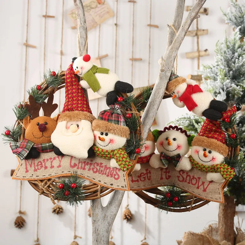 

Christmas Rattan Christmas Wreath With 4 Plush Dolls Front Door Garland Holiday Hanging Pendant Ornaments For Party Wall Decor