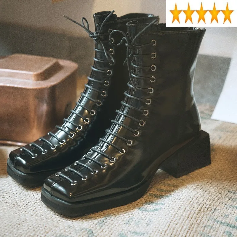 

Ботинки женские винтажные, черные, на квадратном каблуке, с перекрестной шнуровкой