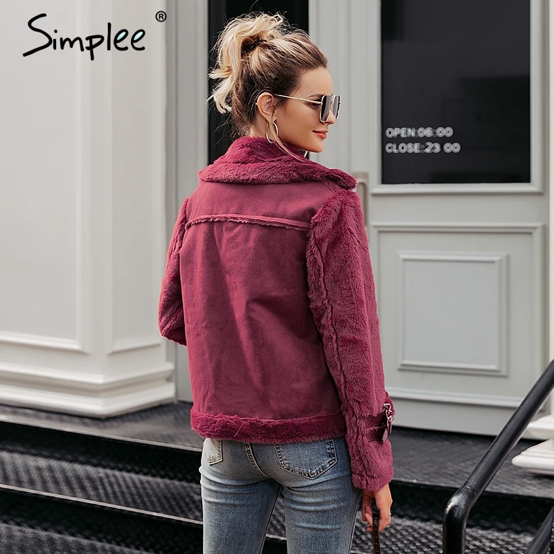 Ceny Simplee Faux leather suede kurtka z futra jagnięcego płaszcz kobiety Moto zipper zamszowa kurtka kobieta płaszcz Casual skręcić w dół płaszcz zimowy 2017