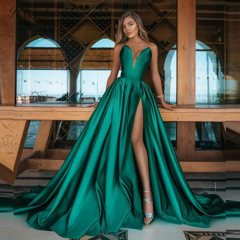 PEORCHID Dubai vestido de noche verde esmeralda para mujer, ropa de de satén para fiesta, vestido Formal sexi con abertura alta árabe celebridad, 2020|Vestidos de noche| - AliExpress