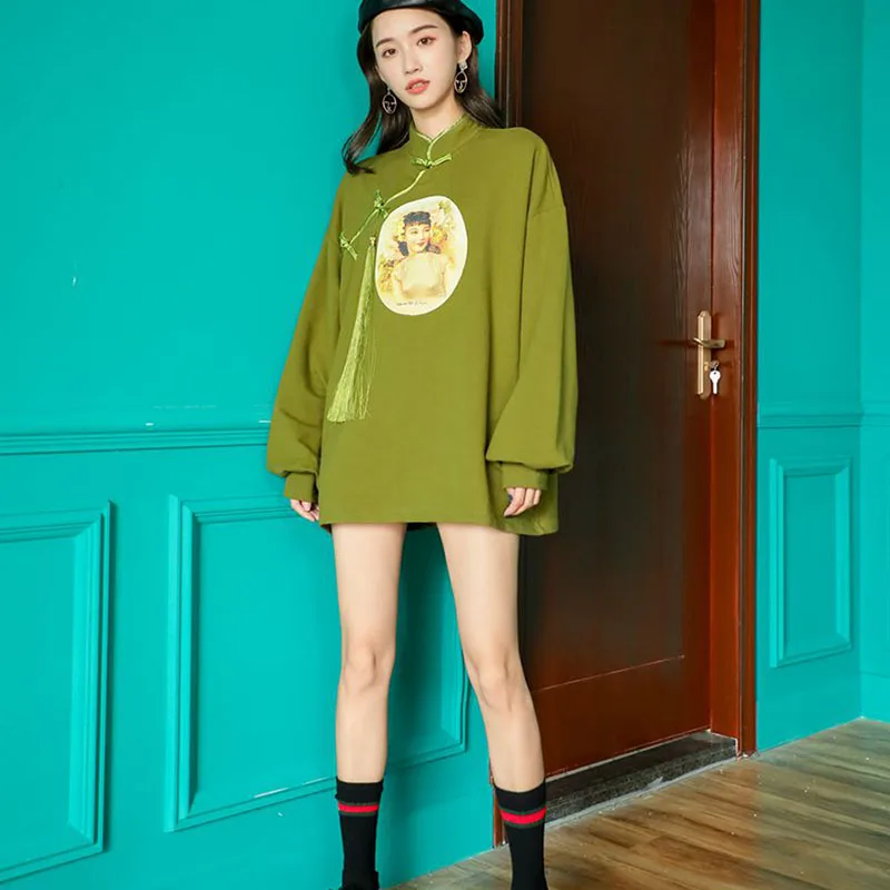 

Spring Chinese style Women Vintage Cheongsam Character Print Tassel Sweatshirt Loose Plus Size Long sleeve Tops Fashion 2020 new