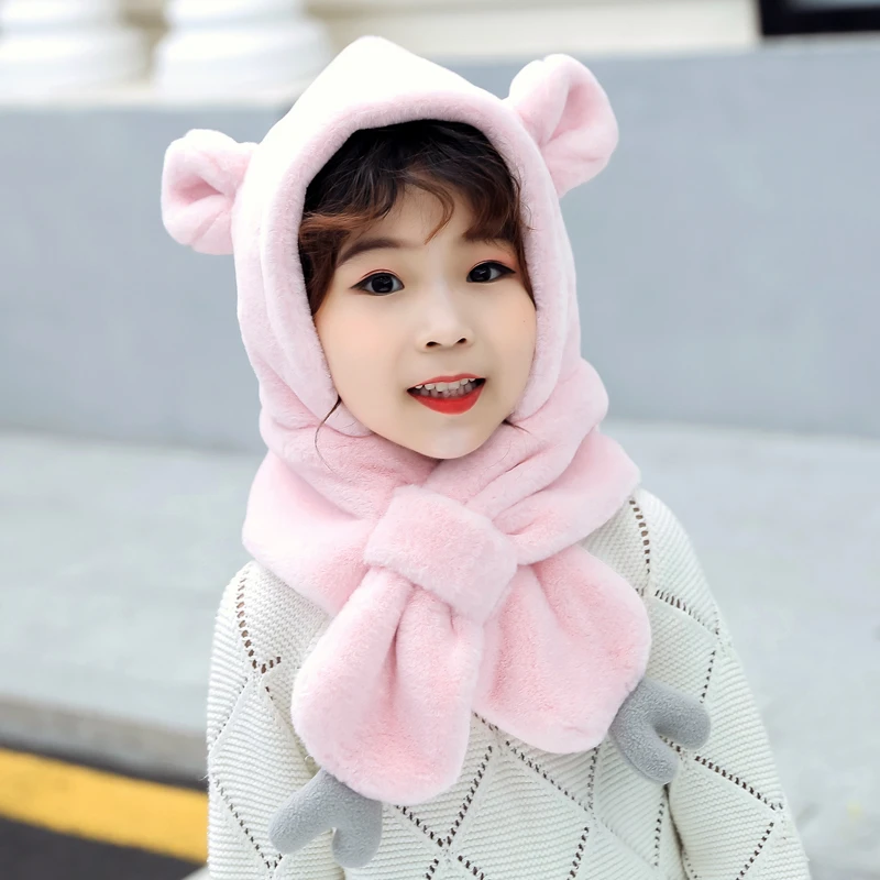 light pink Glaforny/Корейская версия детских одноцветные бейсболки для женщин, осенне-зимняя теплая детская шапка с рисунком, двухслойная утолщенная шапка, шарф - Цвет: light pink