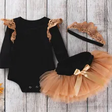 Стильный детский комплект одежды на Хэллоуин, кружевной комбинезон с длинными рукавами для девочек+ Кружевное платье-пачка+ корона, костюм с повязкой на голову, подарки для новорожденных