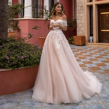 

Elegant Light Pink Princess Wedding Gown For Woman Off Shoulder Exquisite Bridal Dresses Sweetheart Neck Sweep Train A Line Robe