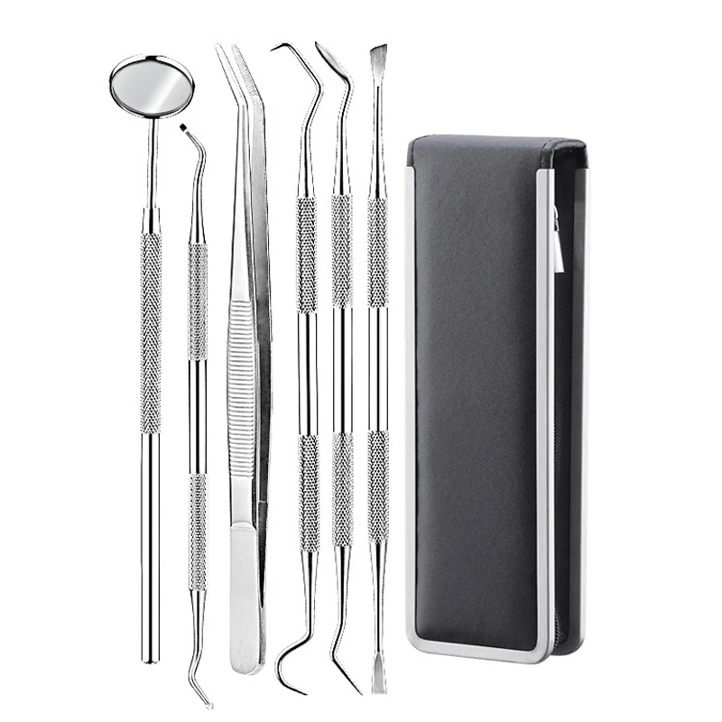 6 unid/set espejo Dental de acero inoxidable dentista preparado herramienta sonda diente Kit de cuidado de instrumento pinzas azada hoz Scaler