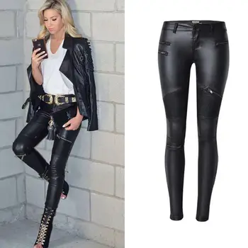 

Hot Sexy Women Automotive Leather Pants Street Wear Cool Womens Skinny PU Pants Stage Wear Women Branding Clothes Designer