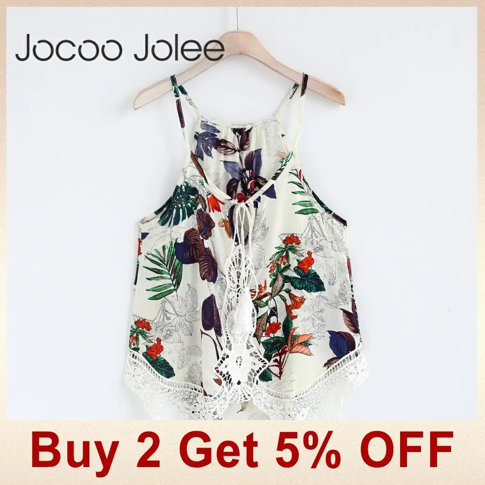 Jocoo Jolee, новинка, сексуальный топ с цветочным принтом, летние короткие укороченные топы на бретельках, майка, летняя кружевная майка