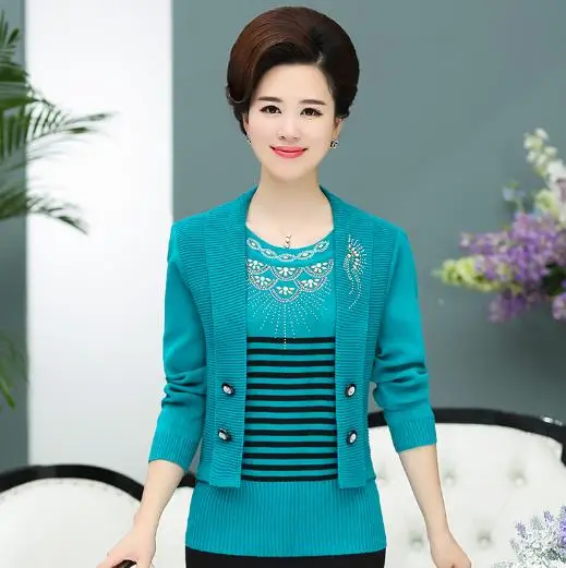 2019 осень мать поддельные две части blusa Трикотажный костюм женщин среднего