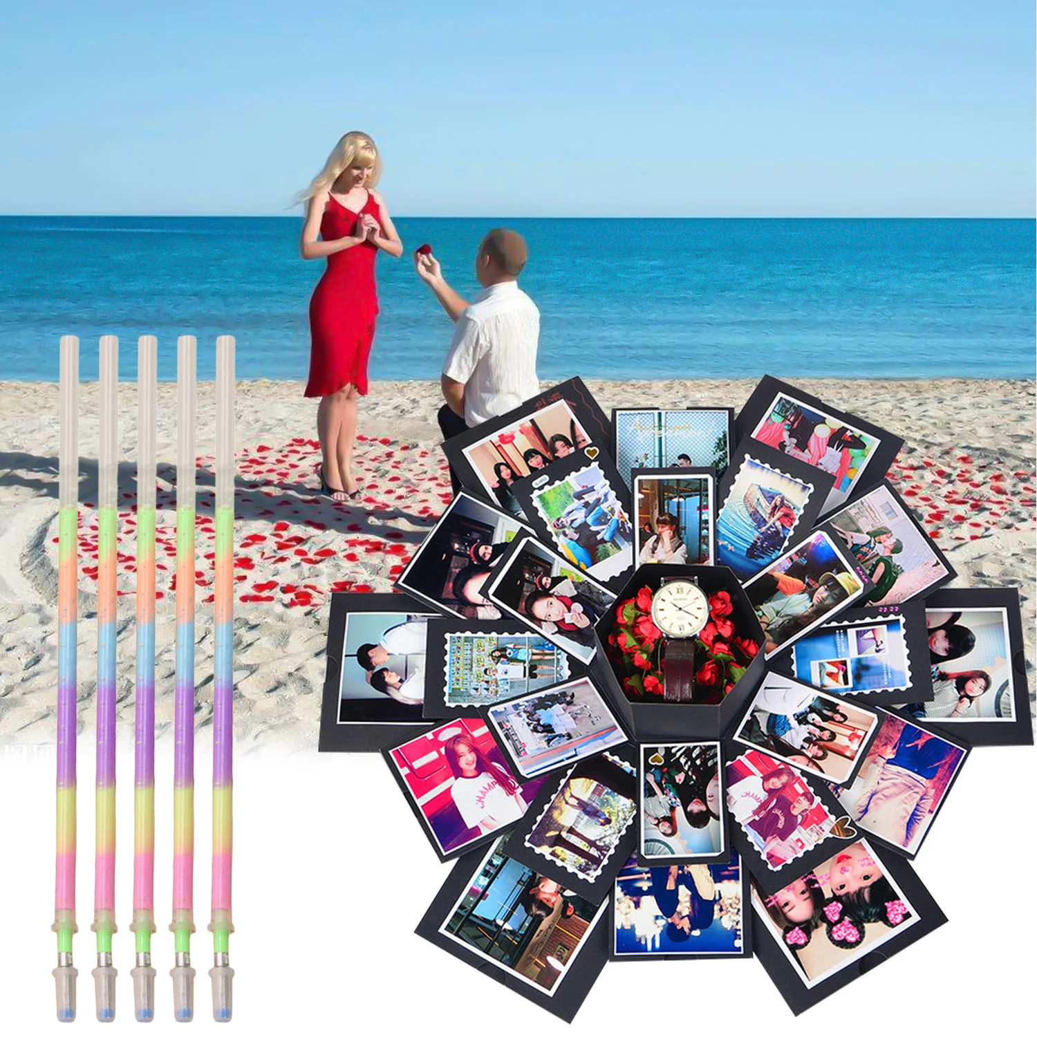 

Behogar Funny 5-Layer DIY Photo Album Explosion Box with 20PCS Highlighters Gel Pen Refills for Wedding Birthday Valentine Day