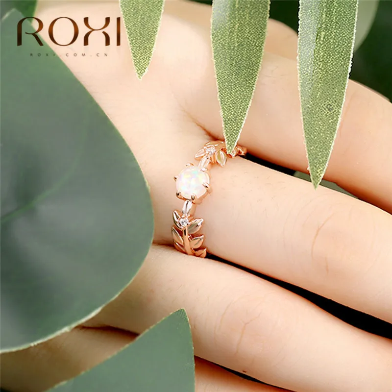 ROXI Cute Laurel Wreath Wedding Rings for Women Olive Tree Branch Leaves Finger Ring Knuckle Jewelry Fire Opal Crystal Rings