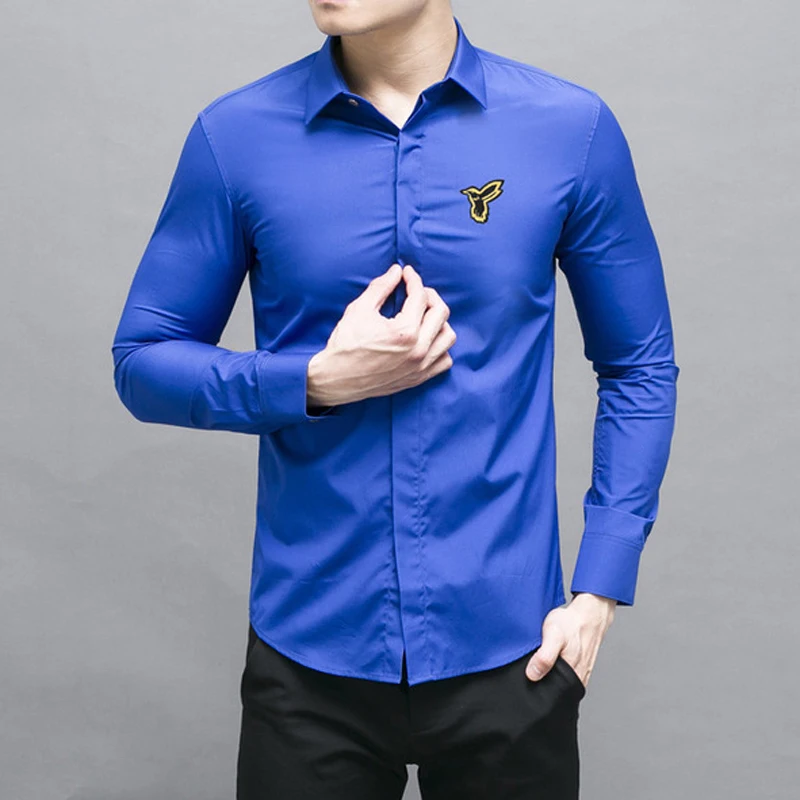 Бренд Качество чистый хлопок рубашка для мужчин новая вышивка Тонкий Chemise homme сплошной цвет с длинным рукавом мужские рубашки Camisas