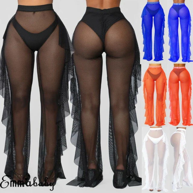 Pantalones de malla con volantes para mujer, pantalón Sexy transparente de  pierna ancha, transparente, para playa y vacaciones, novedad - AliExpress