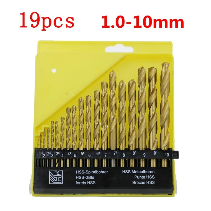 19 Pcs 1mm-10mm Shank Twist Drill Titanium Coated Drill Bits HSS High Speed Steel Drill Bits Set High Quality Woodworking Tools