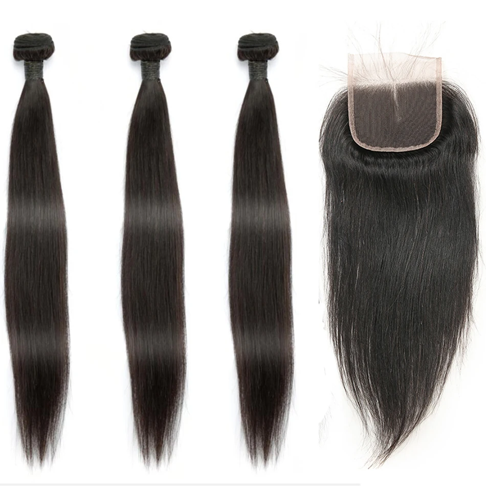

Indian Straight Human Hair Bundles With Closure 3 Bundles Deal With Closure 4 Pcs/Lot MIHAIR Bundles Remy Middle Part