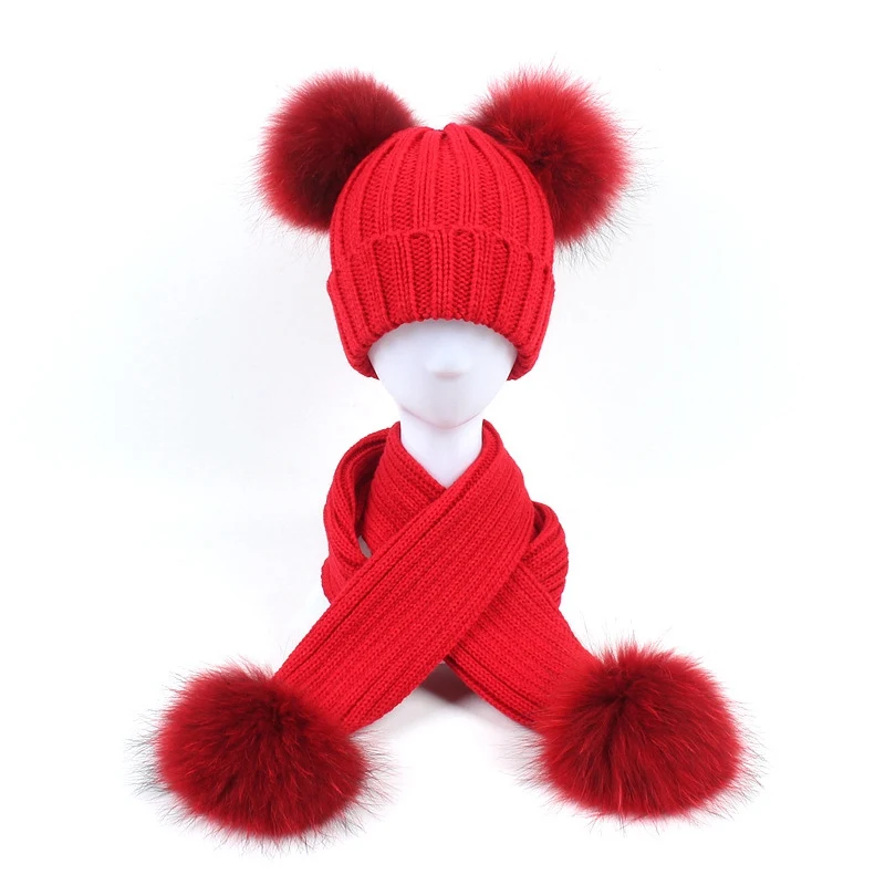 

Autumn Winter Warm Real Raccoon Hat Lovely Cute Same Color Scarf+Hat 2Pcs Kids Boys Girls Caps Kintted Fur Pompom Ball Caps Hat