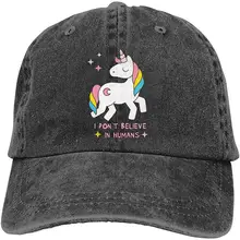 Унисекс Взрослых Винтаж Мыть Бейсболка Регулируемая папа шляпа-единорог Радуга Черный