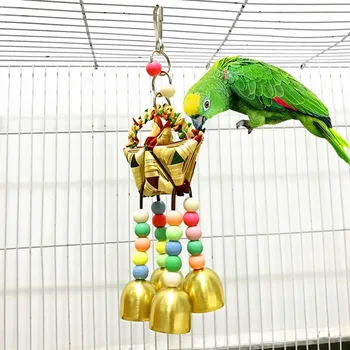 

Pet Chew Toy Bird Hanging String Toy With Bell, Colorful Beads, Natural Grass Woven Ornament Parrot Cage Decoration 2020