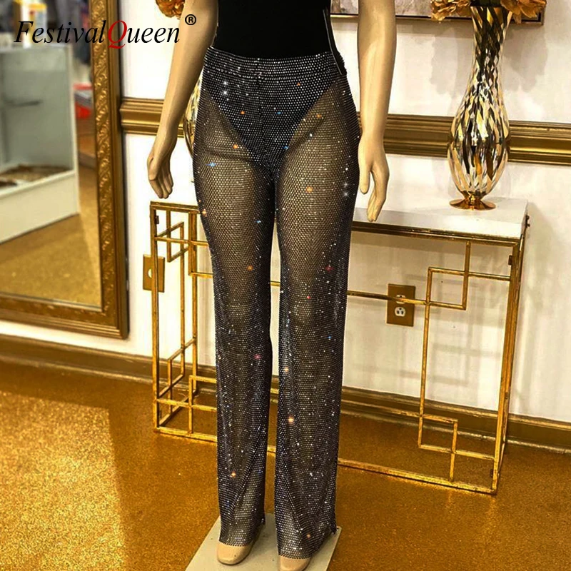 Women Mesh Rhinestone See Through 
