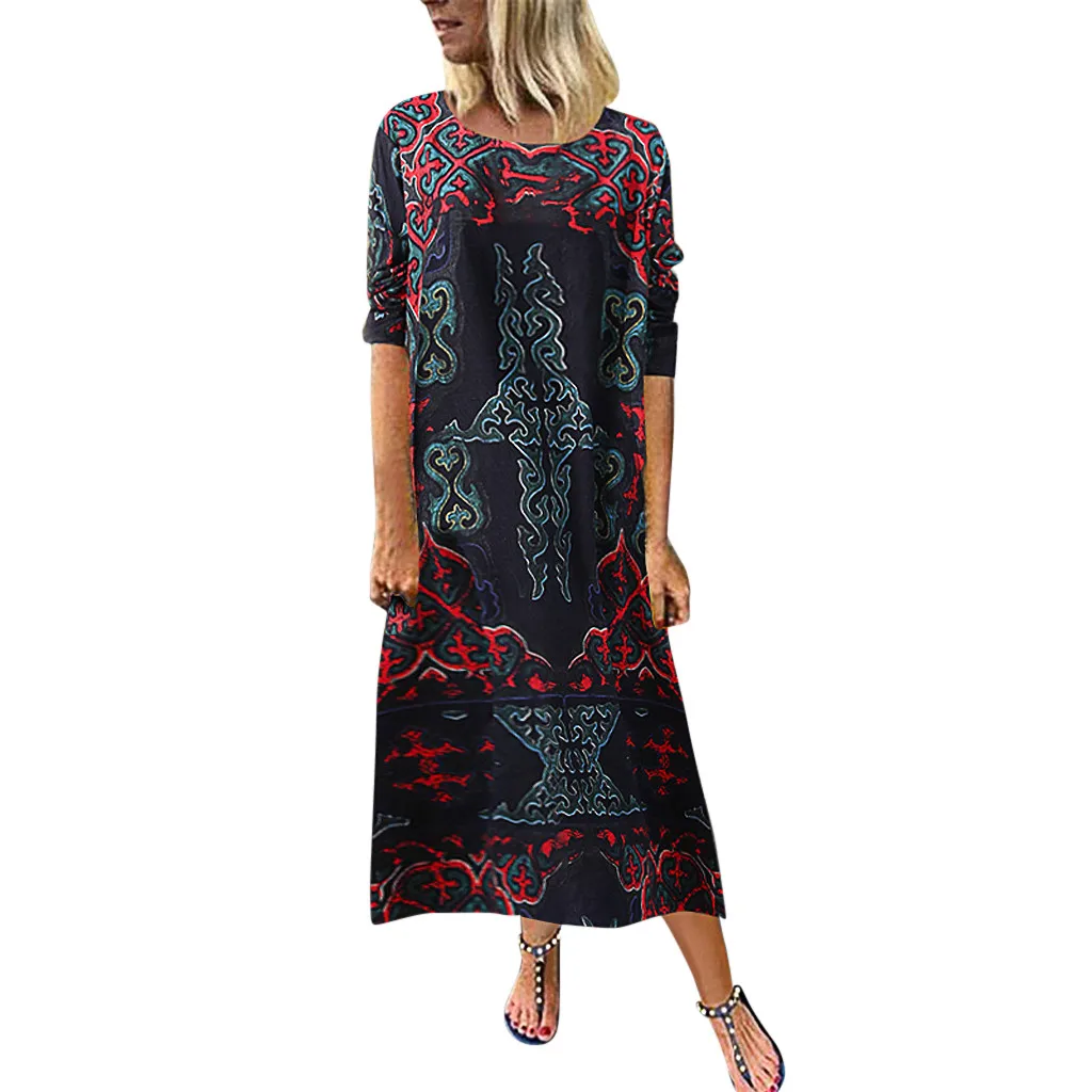 Платья vestidos женский круглый воротник принт хлопок и лен с длинным рукавом ropa mujer Длинное Макси платье#40910