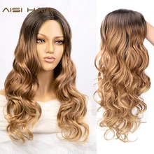 AISI HAIR Synthetic Long Wavy Ombre Brown Wig For Black Women Glueless Hair Heat Resistant Natural Wigs tanie tanio Włókno odporne na wysoką temperaturę Codziennego użytku CN (pochodzenie) FALISTE średni rozmiar