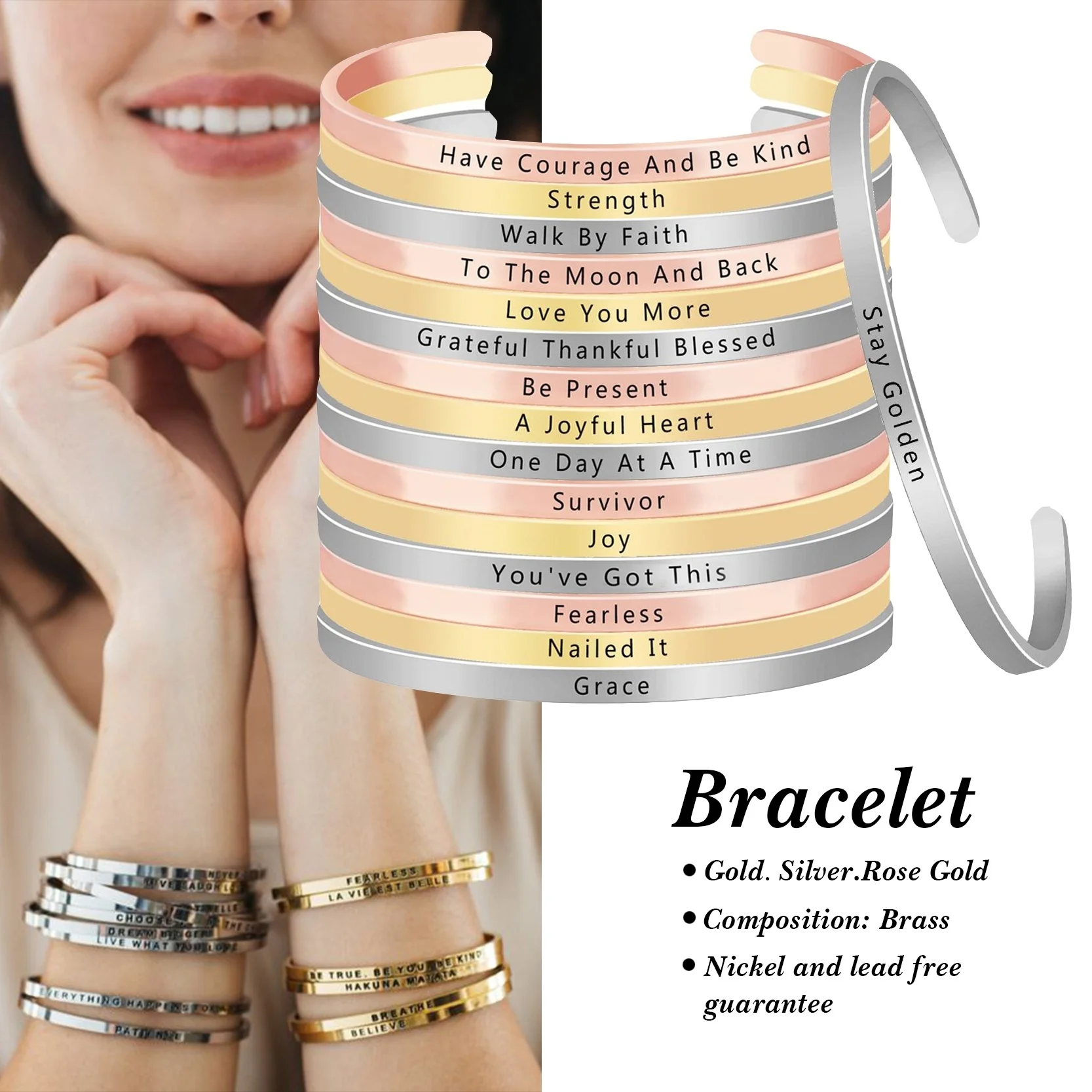 

One Day At A Time Inspirational Personalized Mantra Bracelet Jewelry Holiday Birthday Party Gift Silver Metal Bangle for Family