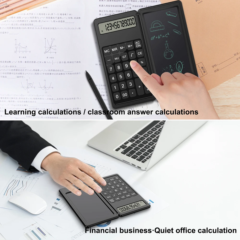 Calcolatrice pieghevole VAORLO e tavoletta da scrittura LCD da 6 pollici  blocco da disegno digitale Display a 12 cifre con penna stilo blocco  pulsante cancella