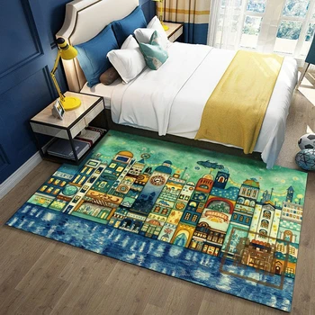

Cartoon Kids Bedroom Carpet and Rug City Night Scene Living Room Sofa Table Non-Slip Floor Mat Children Play Game Tent Area Rugs