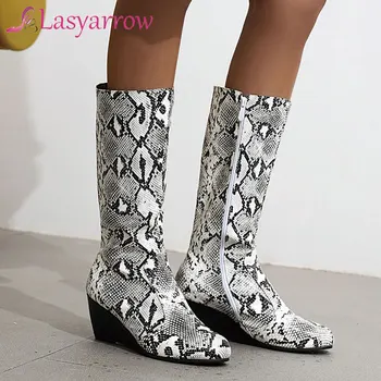 

Sgesvier Winter Warm mid calf boots Snake Round toe Wedge heel PU Zipper Serpentine Big size 34-43 Yellow Coffee Work shoes